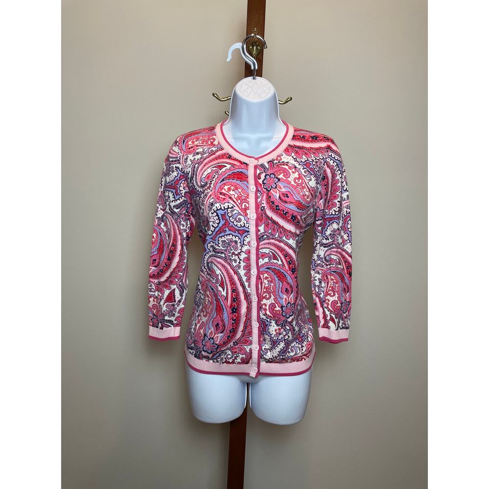 Talbots Cardigan Size S Pink Paisley Button Front Crew Neck Cotton Blend